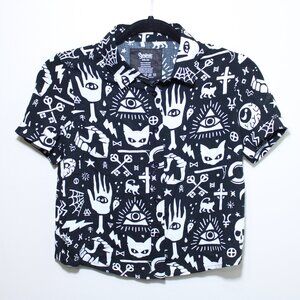 Women All Seeing Eye Illuminati Skulls Streetwear Button-up T-shirt Black S NWOT
